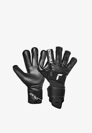 Guanti da portiere neri con palme testurizzate e dorso imbottito, dotati di cinturini al polso e marca "Reusch" su un guanto.