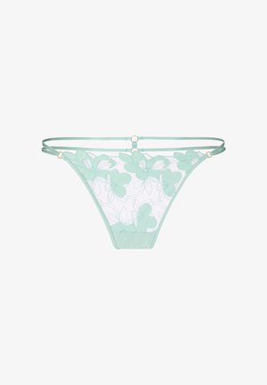 Doorschijnende mintgroene kanten string met bloemenborduursel en dubbele zijbandjes verbonden door kleine gouden ringen.