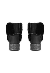 Black ankle boots with faux fur accents, textured rubber soles, and lace detailing. Smooth suede material with a padded upper.