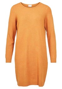Langärmliges, rundhalsiges Strickkleid in einem lebendigen Orange. Hergestellt aus weichem Material mit gerippten Bündchen und Saum.