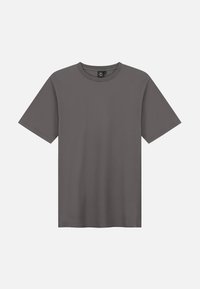 Grijze T-shirt met korte mouwen, gemaakt van zachte stof. Heeft een ronde hals en een rechte zoom, zonder zichtbare patronen of accenten.