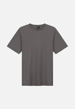 Grijze T-shirt met korte mouwen, gemaakt van zachte stof. Heeft een ronde hals en een rechte zoom, zonder zichtbare patronen of accenten.