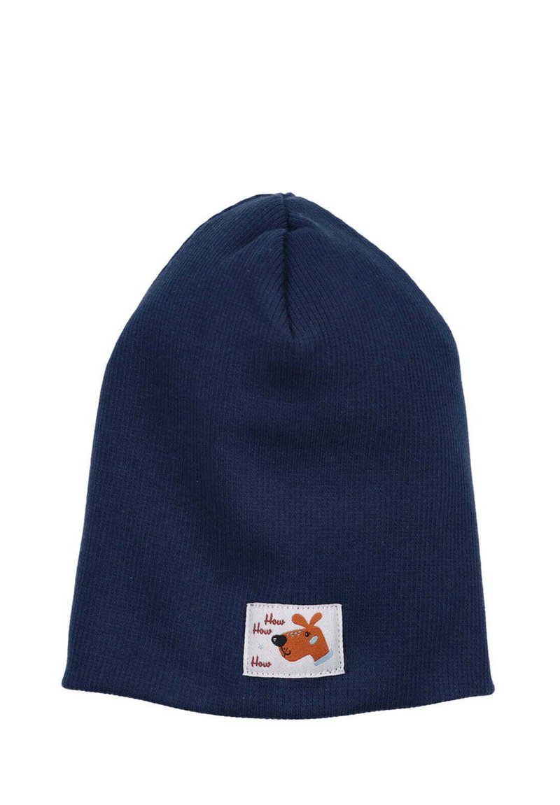 Navy knitted beanie hat with a soft texture, featuring a branded patch with a cartoon dog and the text "How How How."