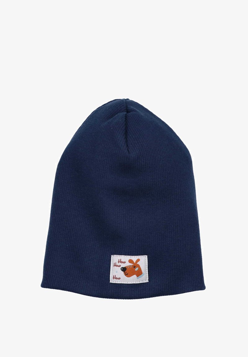 Berretto lavorato a maglia navy con una texture morbida, caratterizzato da un'etichetta con un cane dei cartoni animati e il testo "How How How."