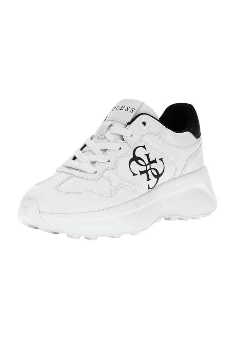 Sneaker bianco con accenti neri. La parte superiore in pelle liscia presenta il logo di lato. Punta arrotondata con suola testurizzata. Design con lacci e colletto imbottito.