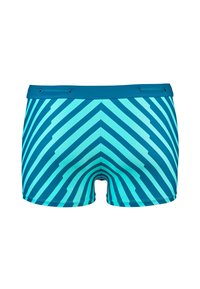 Shorts de bain bleus avec un motif à rayures horizontales dans différentes nuances de turquoise, conçus avec une taille réglable par un cordon.