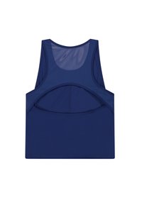 Marineblauw sporttanktop van lichtgewicht stof, met een mesh-paneel aan de achterkant en brede banden voor ondersteuning.