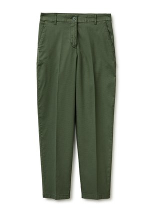 Olivengroene taps toelopende broek met riemlussen, zijzakken, knoopsluiting en voorvouw.