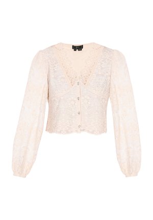 Lace cropped cardigan in pale pink, featuring a deep V-neck, long puff sleeves, and button closure with delicate floral patterns.