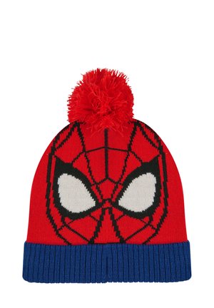 Rote Strickmütze mit einem blauen Rippbund, versehen mit einem Spider-Man-Gesichtsdesign in Schwarz und Weiß, gekrönt von einem roten Bommel.