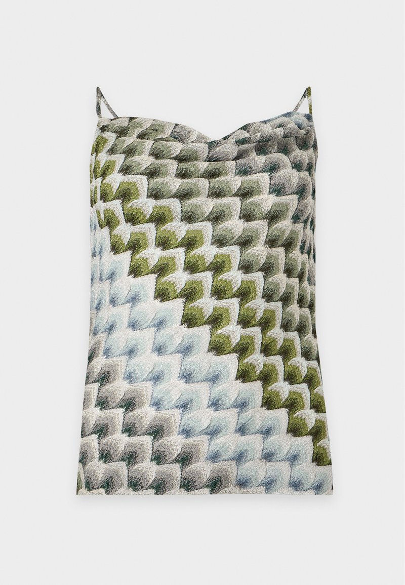 Haut sans manches avec fines bretelles présentant un motif en zigzag texturé dans des nuances de vert, gris et bleu clair sur fond blanc.