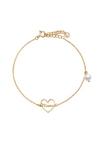 Złoty bransoletka z łańcuszka z wisiorkiem w kształcie serca, na którym wygrawerowano "Mama", z akcentem w postaci białej perły. Delikatne ogniwa i regulowana długość.