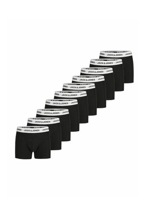 Boxers noirs avec une ceinture à logo blanche. Dix paires identiques exposées en ligne. Texture de tissu lisse, design à coupe standard.