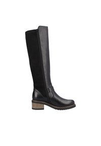 Bottes noires montant jusqu'au genou avec un devant en cuir lisse, un dos en daim, une fermeture éclair sur le côté et un talon en bois texturé. Accent de boucle à la cheville.