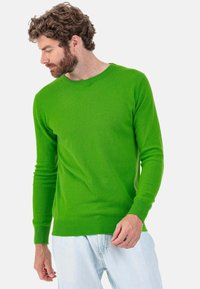 Pull vert à manches longues en tissu doux. Présente un col rond, des poignets et un ourlet côtelés, ainsi qu'une texture lisse, porté sur un jean bleu clair.