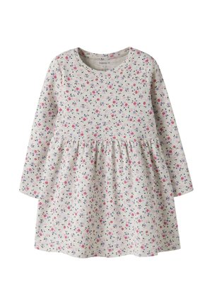 Robe blanche à manches longues pour tout-petit avec imprimé floral rose et violet et taille froncée.