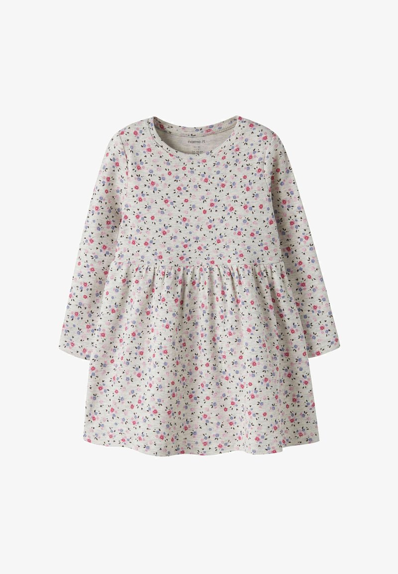 Robe blanche à manches longues pour tout-petit avec imprimé floral rose et violet et taille froncée.