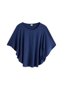 Marinblå, löst sittande topp i mjukt tyg. Har rund halsringning och vida, flödande ärmar som hänger på sidorna.