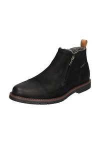 Schwarze Leder-Stiefeletten mit einem seitlichen Reißverschluss und einer runden Zehenpartie. Fleece-Futter und eine braune Sohle mit Nähdetails. Beige Zuglasche auf der Rückseite.