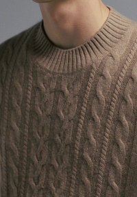 Nahaufnahme einer Person, die einen braunen, gestickten Pullover mit Kabelmuster und einem gerippten Rundhalsausschnitt trägt.