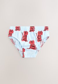 Vaikiški plaukimo šortukai šviesiai mėlynos spalvos audinyje, kuriame kartojamas raudonų animacinių tigrų su juodomis juostelėmis raštas. Elastingas juosmuo, minkšta tekstūra.