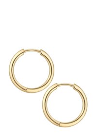 Zelta auskari ar gludu, pulētu virsmu. Iezīme vienkāršs apļa dizains un bezšuvju aizvēršanas mehānisms.