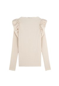 Maglietta beige a maniche lunghe con tessuto testurizzato e dettagli arricciati sulle spalle, mostrata da dietro su uno sfondo bianco.