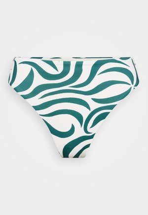 Grønn og hvit bikini-bunn med en bølgete mønster, laget av glatt stoff, med lav midje og en generelt strømlinjeformet design.