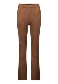 Brązowe spodnie dzwony z sztucznego zamszu, z elastycznym paskiem, gładką fakturą i dopasowanym krojem zwężającym się od kolana do dołu.