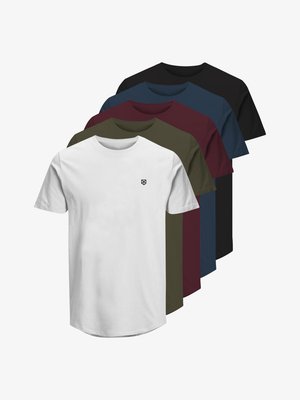 Cotton t-shirts in six colors: white, black, dark blue, burgundy, olive green, and dark green. Short sleeves, round neck, plain design.