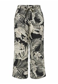 Black wide-leg trousers featuring a white floral and leaf pattern, with an elastic waistband and adjustable tie. Made from lightweight fabric.