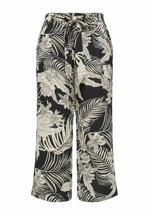 Pantalons larges noirs avec un motif floral et de feuilles blanches, dotés d'une taille élastique et d'un lien ajustable. Fabriqués en tissu léger.