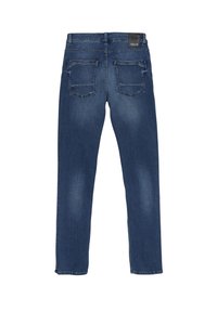 Donkerblauwe denim jeans met een rechte snit, voorzien van achterzakken en een merklabel op de tailleband. Verbleekte textuur nabij de zakken.