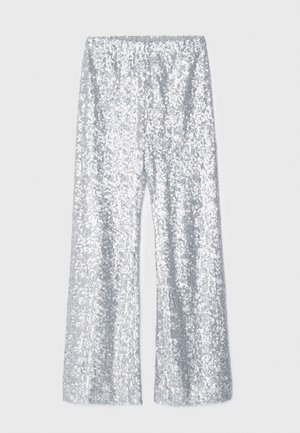 Sølvpaljettbukser med vid bunn og elastisk liv. Har en blank tekstur og bred ben silhuett.