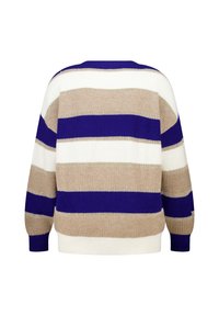 Overmaatse trui met horizontale strepen in beige, wit en blauw. Gebreide textuur, ronde hals en geribde zoom en manchetten.