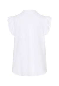 Weißes Bluse mit kurzen Rüschensäumen, einem Kragen und einem strukturierten Stoff mit einer lässigen Passform. Rückansicht mit abgerundetem Saum.