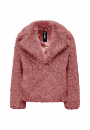 Faux-Fur-Jacke in sanftem Rosaton mit tiefem Kragen, strukturierten Schultern und einer strukturierten, flauschigen Optik. Gefüttertes Innenfutter.