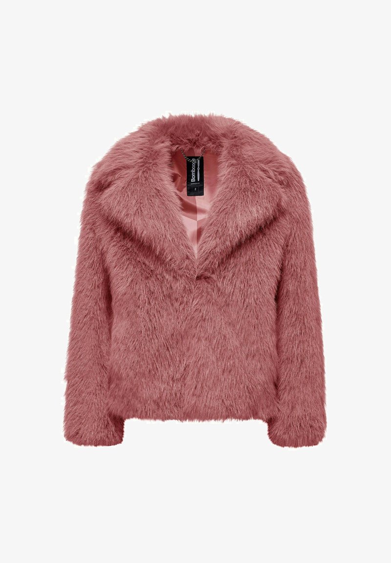 Giacca in pelliccia sintetica di colore rosa pallido con un profondo colletto, spalle strutturate e un aspetto morbido e peloso. Interno foderato.
