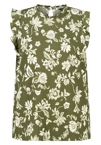 Olijfgroene bloes met korte, gerimpelde mouwen, van textuurstof en met witte bloemenpatronen overal. Sleutelgatopening aan de achterkant.