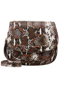 Borsa a stampa serpente con un mix di motivi marroni, bianchi e arancioni, con una finitura testurizzata e una tracolla removibile.