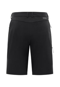 Schwarze Outdoor-Shorts aus leichtem Stoff mit glatter Textur, verstellbarem Bund und seitlichen Reißverschluss-Taschen für Stauraum.