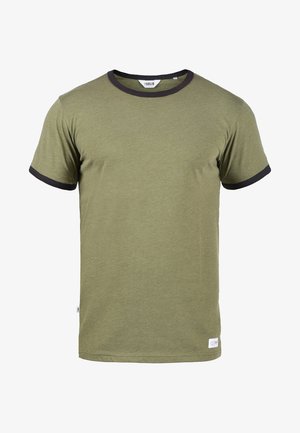 Olive green T-shirt with a crew neck, black ribbed collar and sleeve cuffs, made from a soft fabric with a smooth texture.