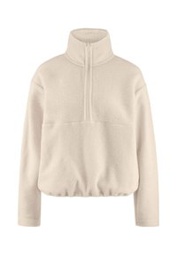 Cremefarbener Fleece-Pullover mit langen Ärmeln, hohem Kragen, halbem Reißverschluss vorne und elastischem Saum.