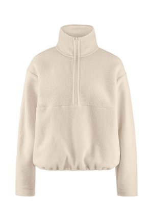 Cremefarbener Fleece-Pullover mit langen Ärmeln, hohem Kragen, halbem Reißverschluss vorne und elastischem Saum.