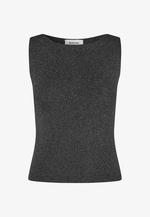 Zwarte mouwloze top met een gestructureerd, geribbeld ontwerp. Heeft een brede halslijn en een aangesloten vorm, gemaakt van een metallic garenmix.