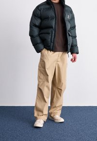 Kurtka puchowa w ciemnozielonym kolorze, z zamkiem błyskawicznym i stójką. Pod spodem brązowy t-shirt. Beżowe spodnie typu cargo z bocznymi kieszeniami. Białe trampki.