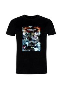 Černé bavlněné tričko s barevným grafickým potiskem z "Death Note," zobrazující různé postavy a dramatické motivy.