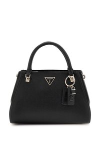Black synthetic handbag with a structured shape, featuring a triangular logo, metal hardware, and hanging tags. Smooth texture, short handles.