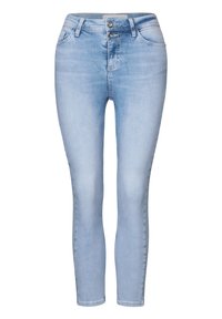 Jean skinny bleu clair en denim, avec une fermeture à double bouton et cinq poches, texture lisse et coupe slim.