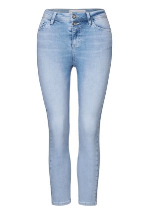 Jean skinny bleu clair en denim, avec une fermeture à double bouton et cinq poches, texture lisse et coupe slim.